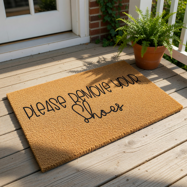 A textured doormat with the message "PLEASE REMOVE YOUR SHOES" printed on it.