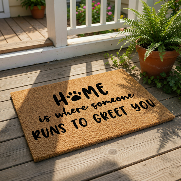 A textured doormat with the text "HOME is where someone runs to greet you" printed on it.