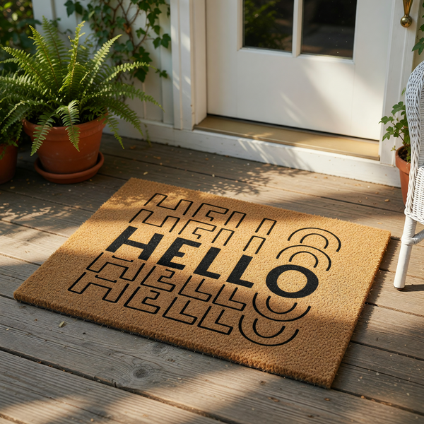A textured door mat with the word "HELLO" printed in a repeating pattern.