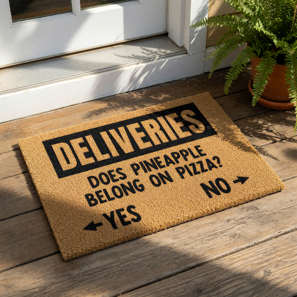 A doormat with a humorous question about pineapple on pizza, asking "Does pineapple belong on pizza?" and providing a "Yes" and "No" answer.