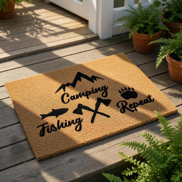 A carpet with the text "Camping Fishing Repeat" printed on it, along with various camping-related icons such as a fish, a bear paw, and camping tools.