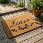 A decorative doormat with the word "Leave" printed on it.