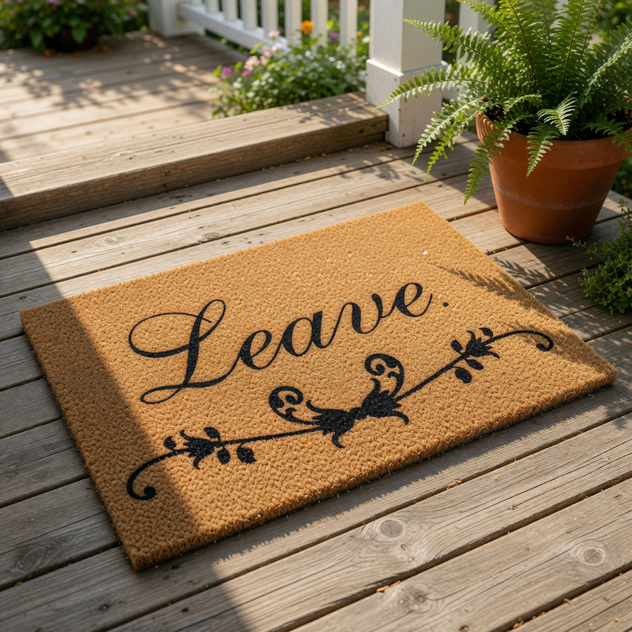 A decorative doormat with the word "Leave" printed on it.