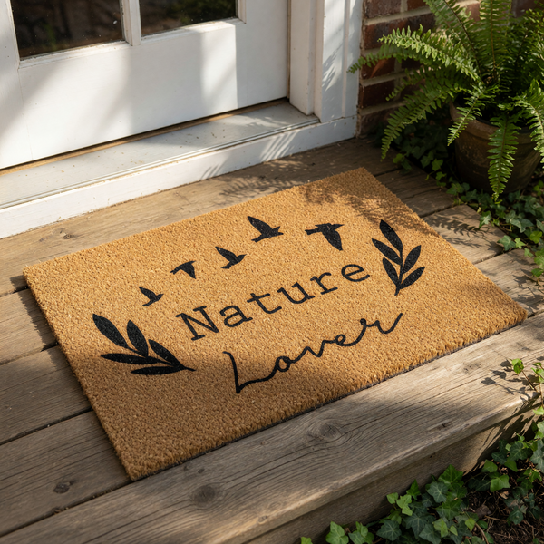 A rectangular, light brown, textured area rug with the words "Nature Lover" printed on it.