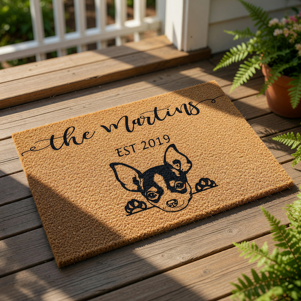 A door mat with a chihuahua dog's head and paw print, along with the text "the Martins EST 2019".