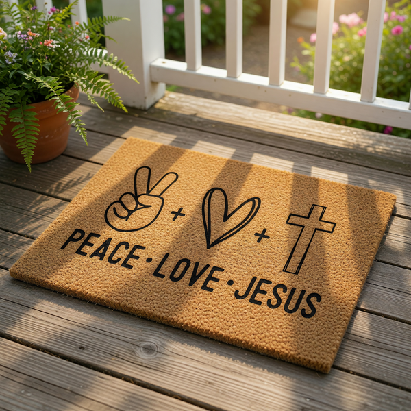 A doormat with the text "PEACE: LOVE: JESUS" printed on it, along with a peace sign and a cross.