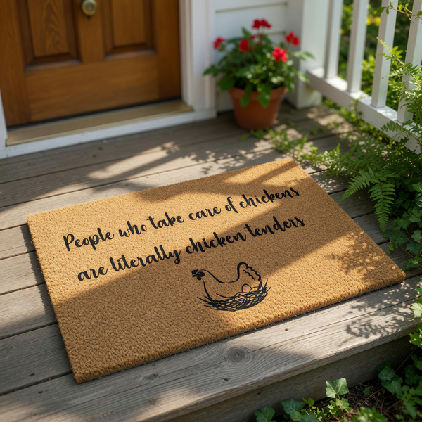 a textured area rug with a humorous message about people who take care of chickens being literally chicken tenders.