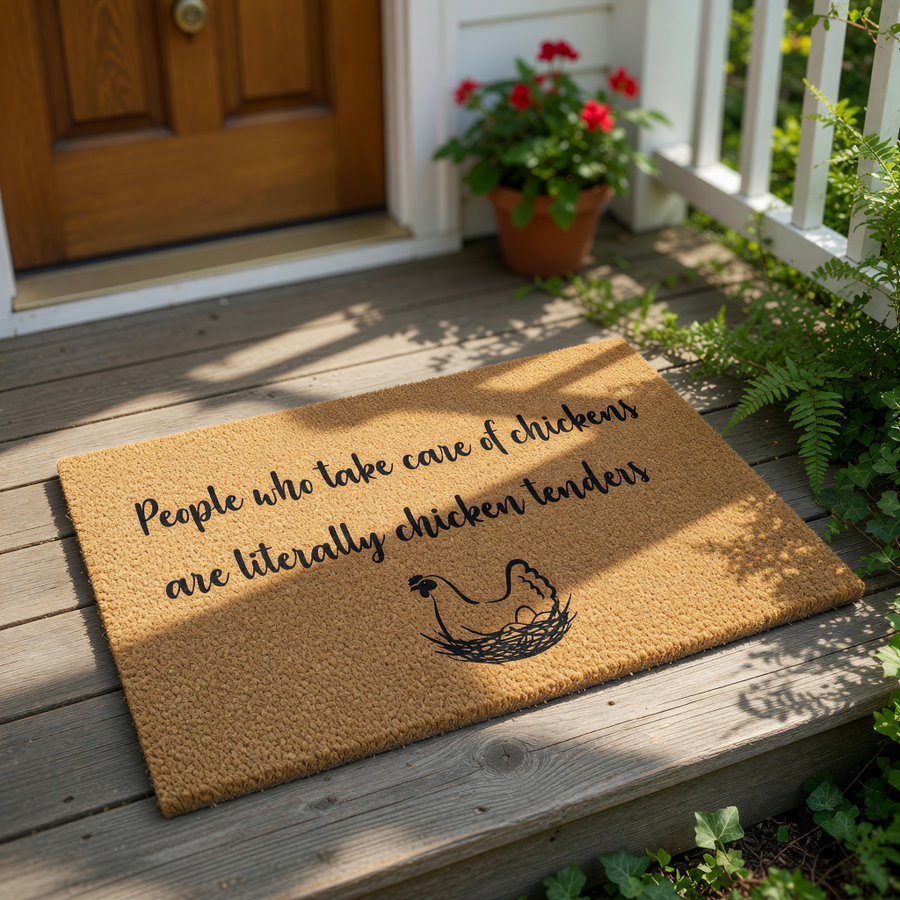 a textured area rug with a humorous message about people who take care of chickens being literally chicken tenders.