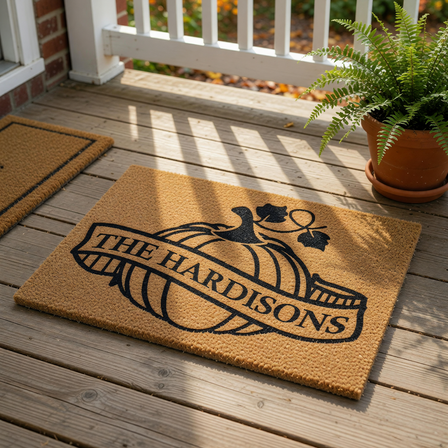A black and white image of a decorative mat with the text "THE HARDISONS" printed on it.