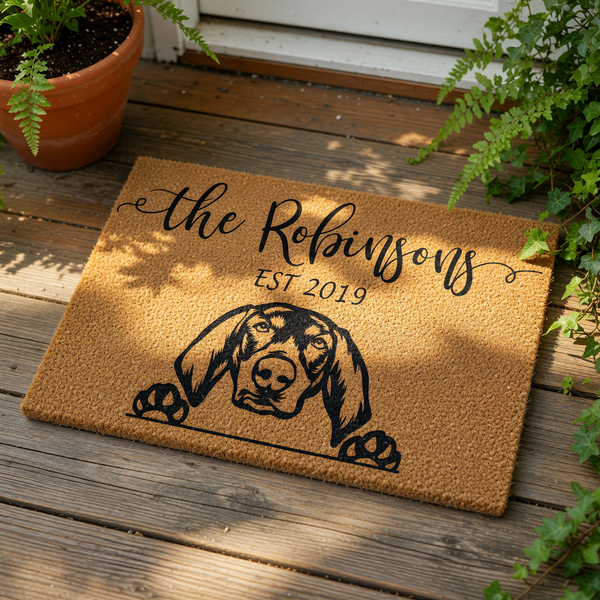 a black and white illustration of a dog's head with its paw raised, accompanied by the text "The Robinsons EST 2019" in a decorative font.