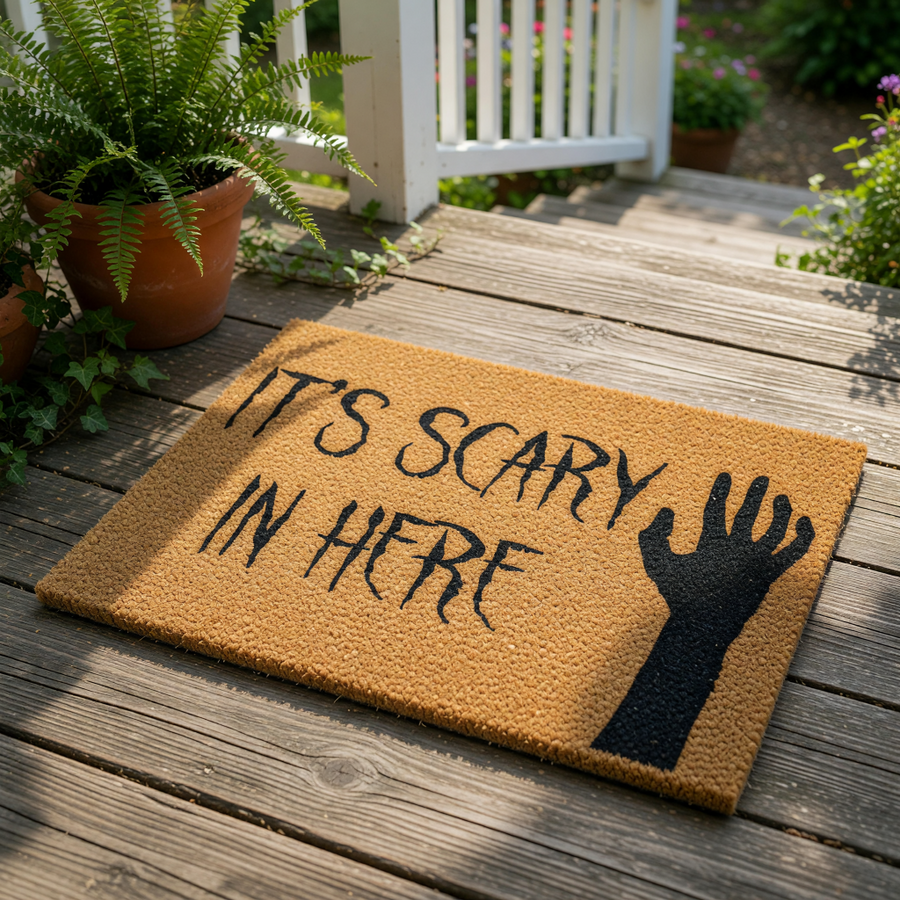 A textured door mat with the text "IT'S SCARY IN HERE" printed on it, along with a silhouette of a hand.