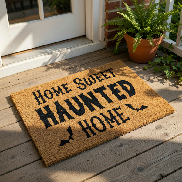 A textured door mat with the text "HOME SWEET HAUNTED HOME" printed on it.