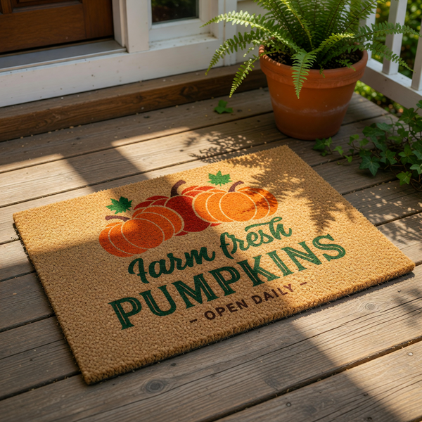 a door mat with a design of pumpkins and the text "Farm fresh PUMPKINS - OPEN DAILY" printed on it.