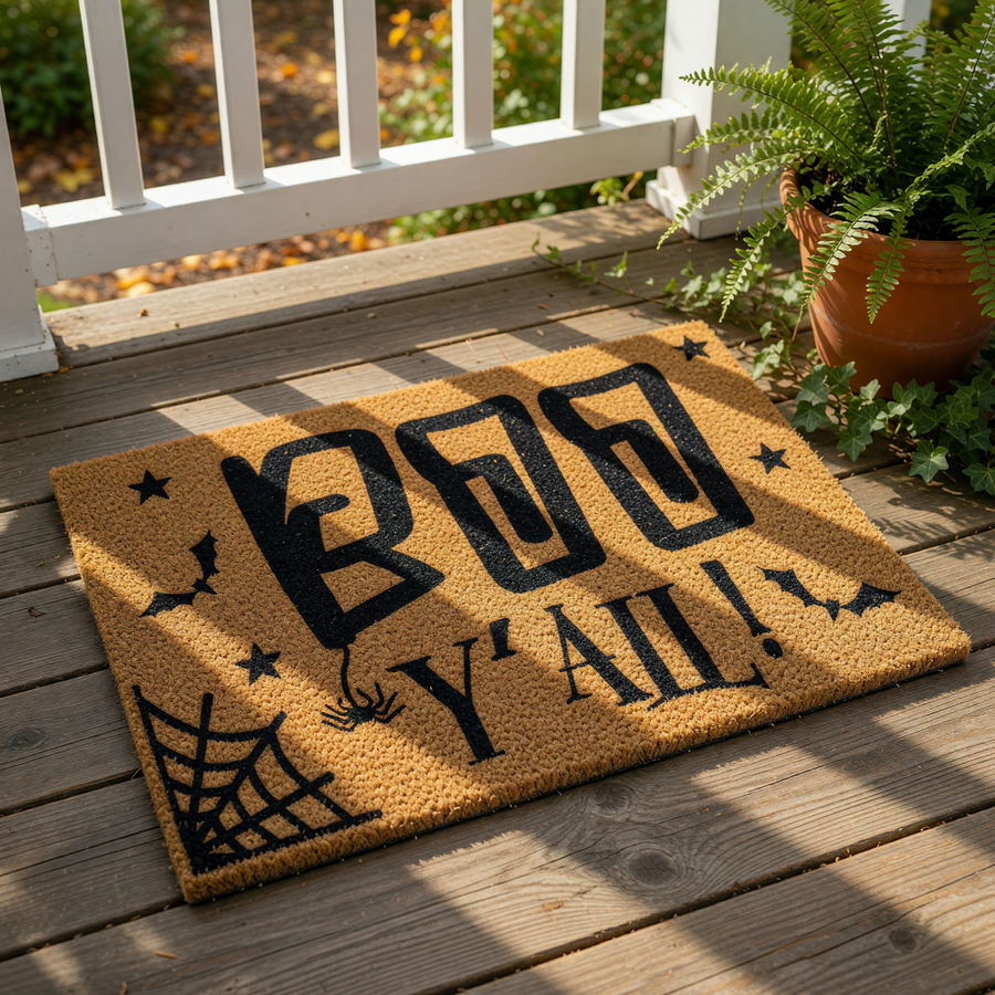 A door mat with the text "BOO Y'ALL!" printed on it, along with bats and a spider web design.