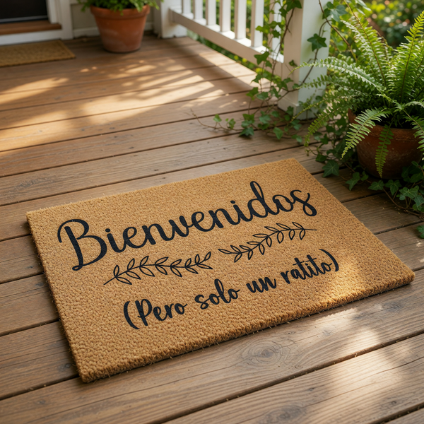 a welcome mat with the text "Bienvenidos (Pero solo un ratito)" written on it, along with decorative elements such as a pumpkin, flowers, and a lantern.