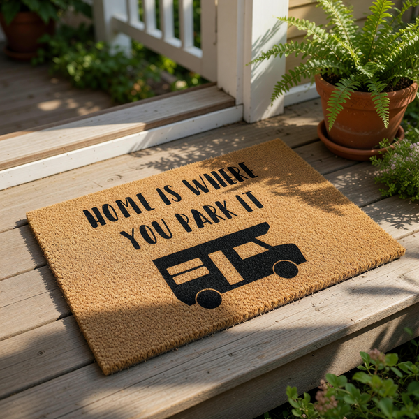 A textured area rug with a black silhouette of a camper van and the text "HOME IS WHERE YOU PARK IT" printed on it.