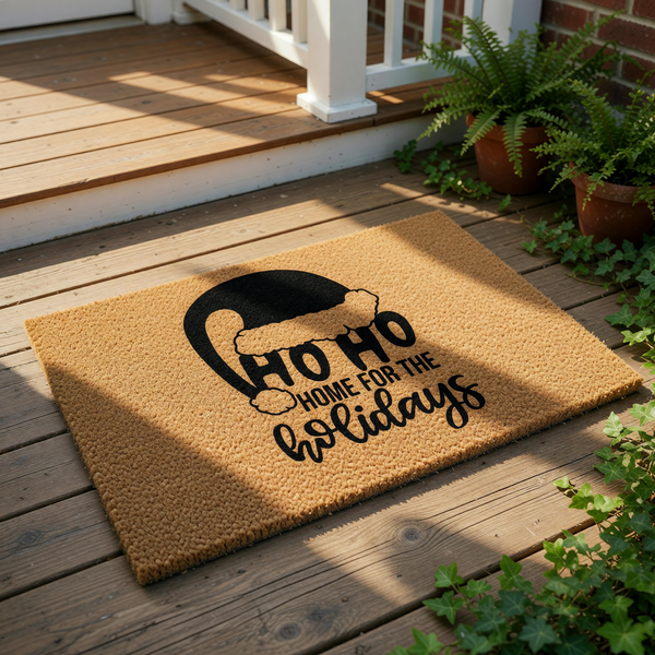 A holiday-themed doormat with a Santa hat and the text "HO HO HOME FOR THE HOLIDAYS" printed on it, along with some wrapped gifts and a pair of boots.