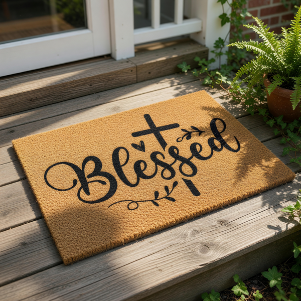 A mat with the word "Blessed" written on it, along with a cross and some decorative elements.