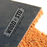 a logo for a company called "Wood by Stu" with a textured background and a wooden plank design.