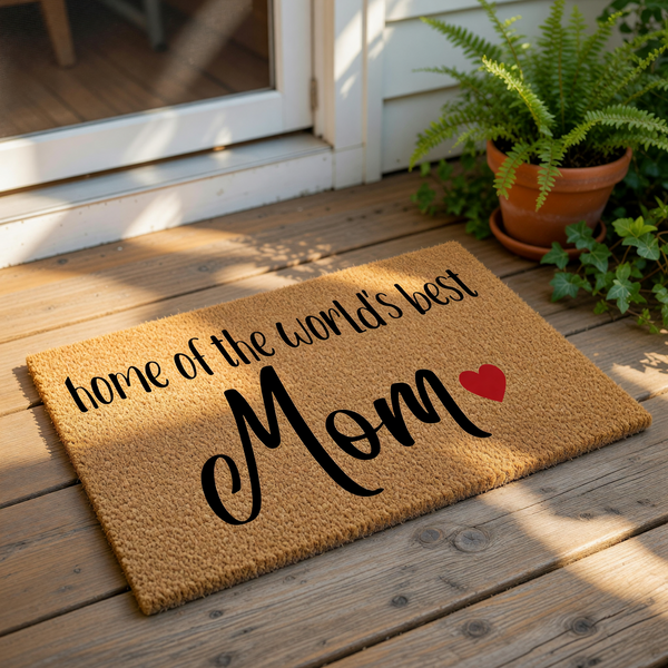 A textured door mat with the message "home of the world's best Mom" written on it, surrounded by a pair of red sandals and some greenery.