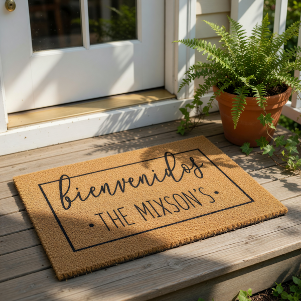 A personalized welcome mat with the text "bienvenidos THE ROBERTS" printed on it.