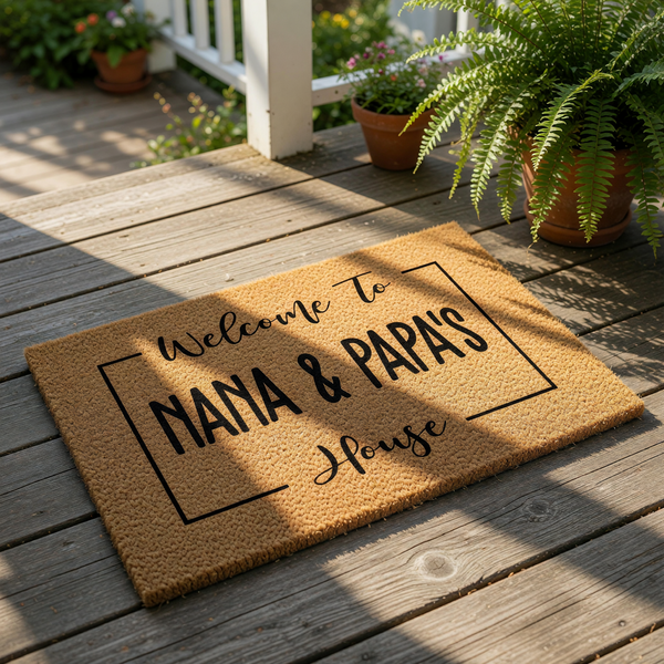 A welcome mat with the text "Welcome To Grammy & Poppaw's House" printed on it, surrounded by greenery and a checkered cloth.
