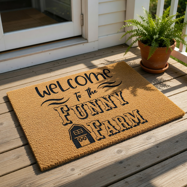 A wooden door with a yellow rubber mat in front of it, displaying a welcoming message that says "welcome to the funny farm".
