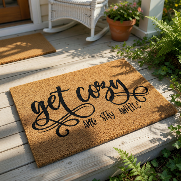 doormat, doormats, funny doormat, funny doormats, welcome mat, door mat, housewarming gift, new home gift, closing gift, get cozy doormat, Wedding Gift, Moving Gift, Homeowner Gift