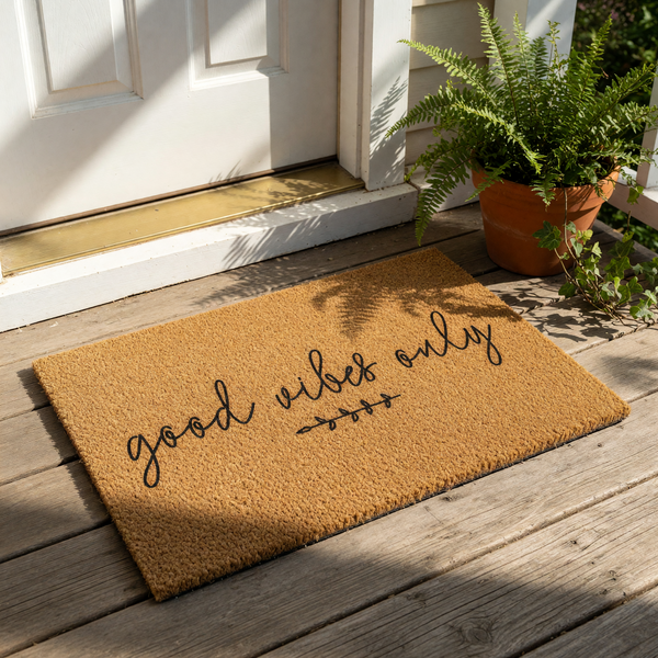A textured area rug with the phrase "good vibes only" printed on it.