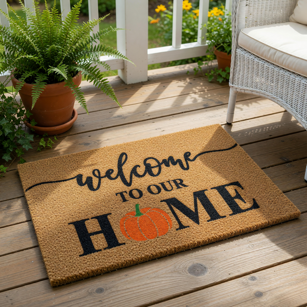A welcome mat with the text "Welcome to our Home" and an orange pumpkin graphic.