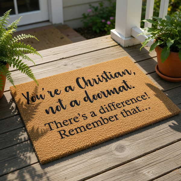 a humorous message on a doormat that reads "You're a Christian, not a doormat.