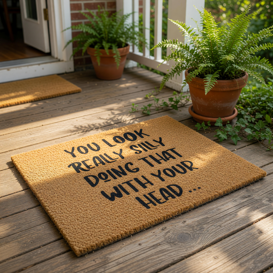 A textured area rug with a humorous message printed on it.