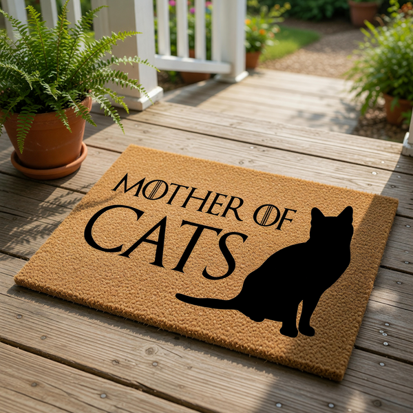 A black silhouette of a cat sitting on a beige carpet with the text "MOTHER OF CATS" printed on it.