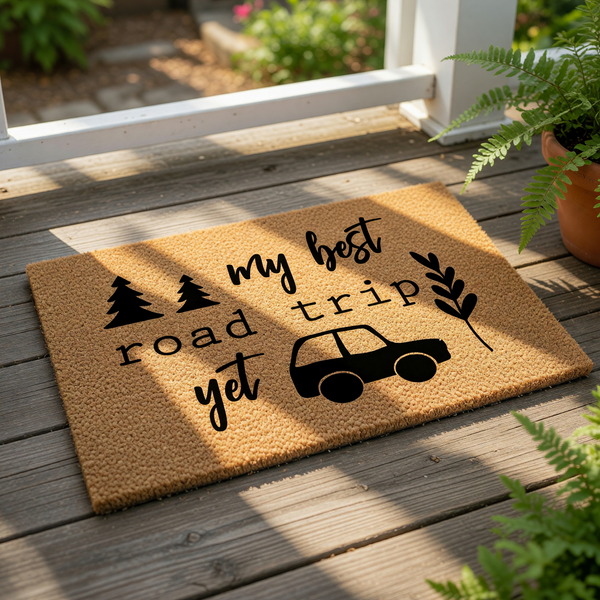 A textured doormat with a black car and tree silhouette printed on it, along with the text "My best road trip yet" and a circular logo with the text "WOOD BY STU - EST. 2010".