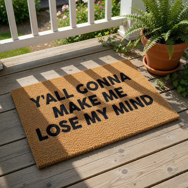 A textured doormat with the phrase "Y'ALL GONNA MAKE ME LOSE MY MIND" printed on it.