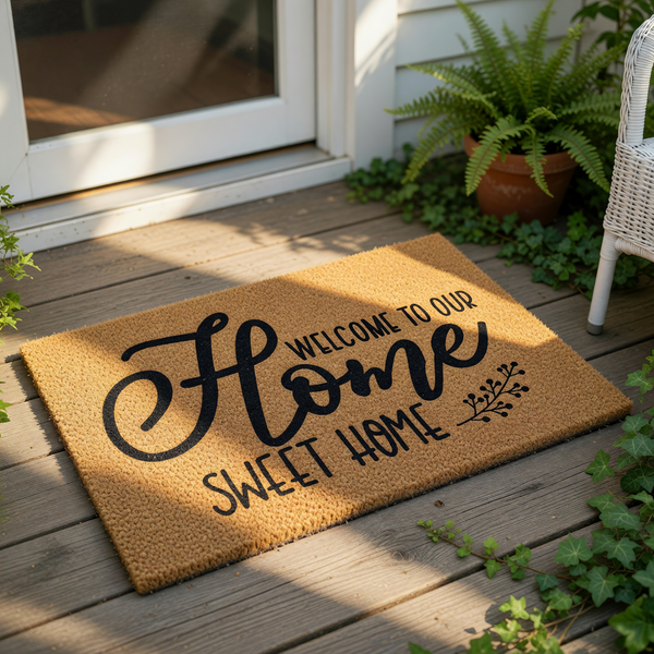 A welcome mat with the text "Welcome to our Home Sweet Home" written on it, along with a pair of sandals and some greenery.