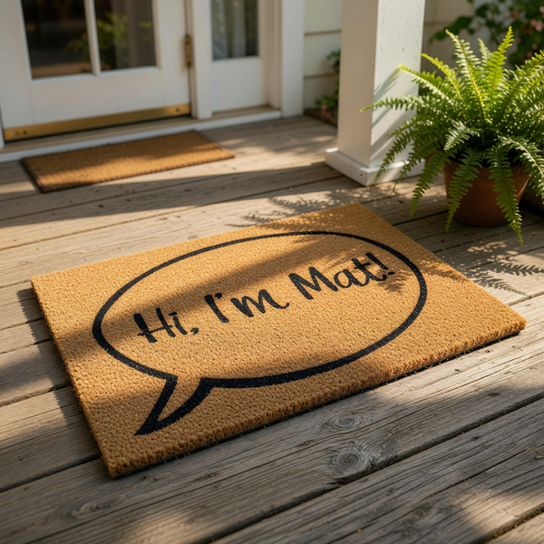 A textured doormat with a speech bubble design on it, featuring the text "Hi, I'm Mat!"
