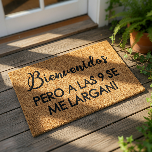 A welcome mat with the text "Bienvenidos PERO A LAS 9 SE ME LARGAN!" (Welcome to us, you are welcome!) written on it.