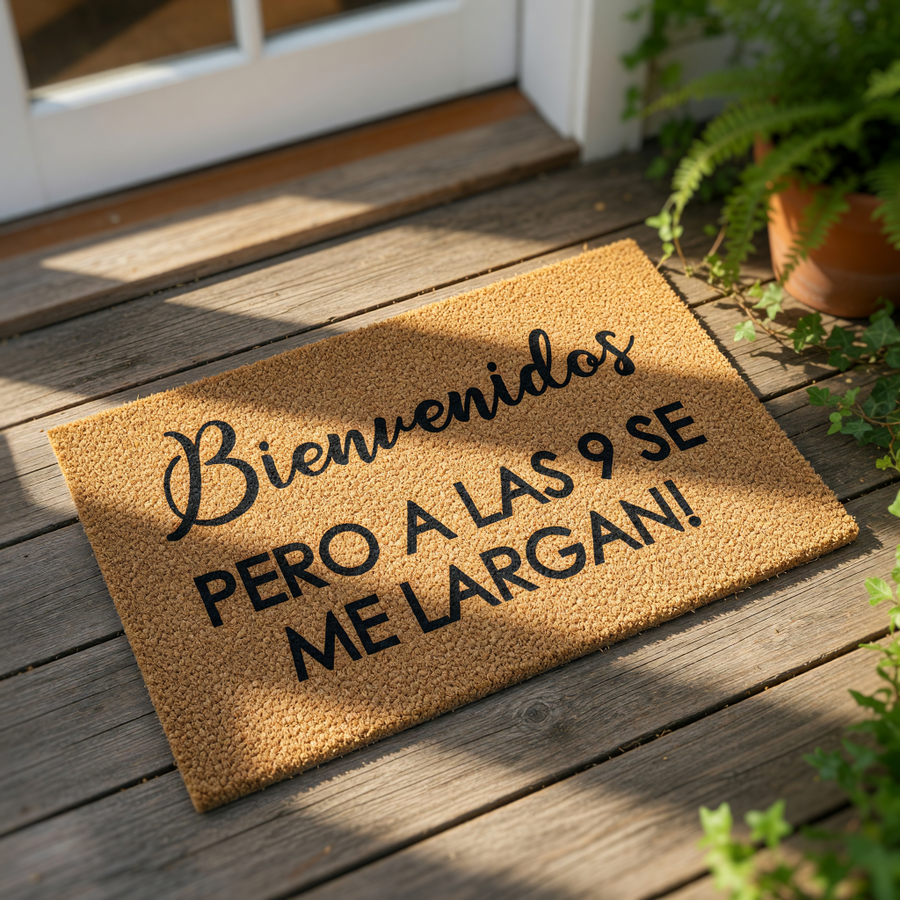 A welcome mat with the text "Bienvenidos PERO A LAS 9 SE ME LARGAN!" (Welcome to us, you are welcome!) written on it.