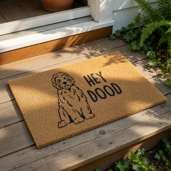 A doormat with a black and white illustration of a dog and the text "HEY DOOD" printed on it.