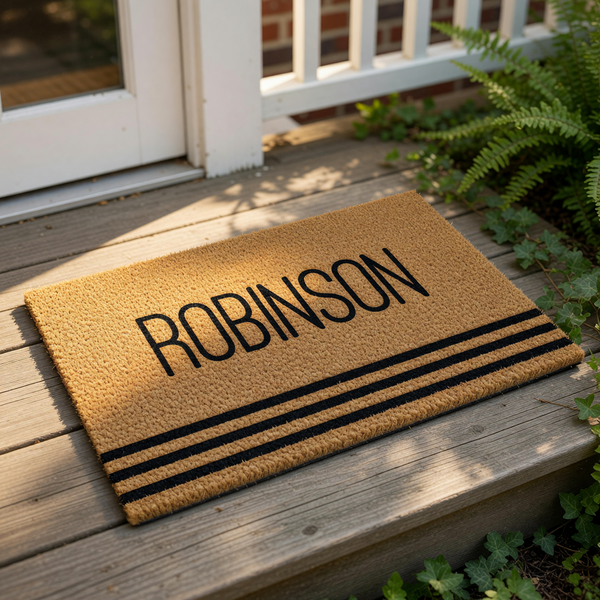 A beige doormat with the name "ROBINSON" printed on it in bold black letters.