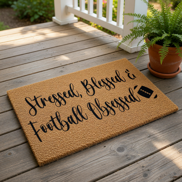 A textured doormat with the text "Stressed, Blessed & Football Obsessed" printed on it.