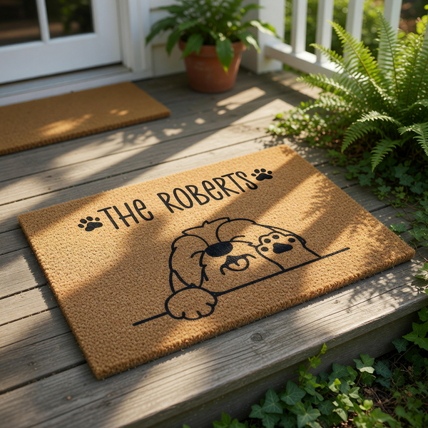 A rectangular, light brown doormat with a cartoon illustration of a dog's head and paws.