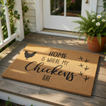a textured area rug with the phrase "HOME IS WHERE MY CHICKENS ARE" printed on it.