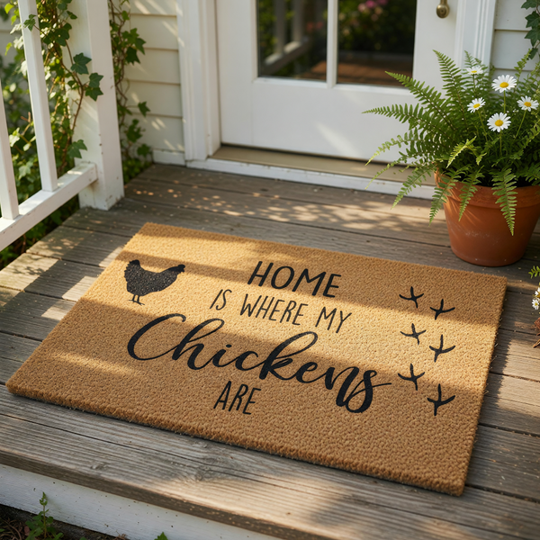 a textured area rug with the phrase "HOME IS WHERE MY CHICKENS ARE" printed on it.