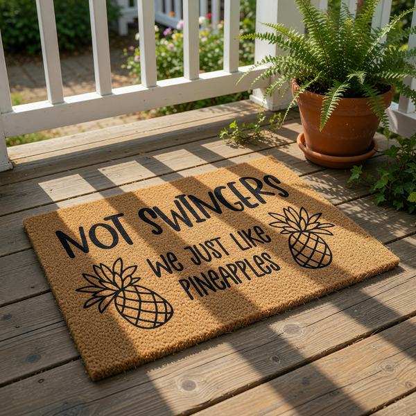 A textured area rug with a humorous message printed on it.