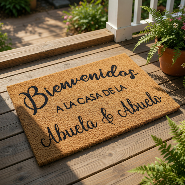 A welcome mat with the text "Bienvenidos a la casa de la Abuela & Abuelo" written on it.