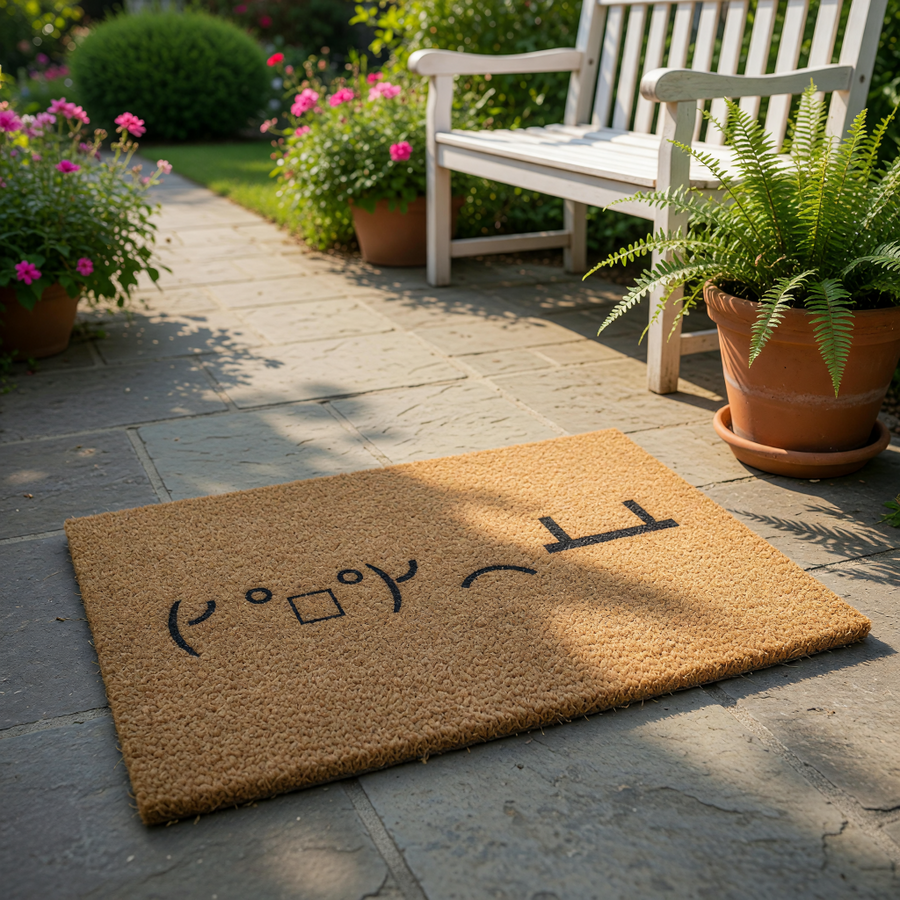 A beige doormat with a simple black design consisting of a square and a curved line.