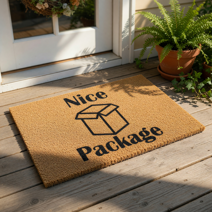 A rectangular doormat with the text "nice package" printed on it, along with a logo depicting a box.