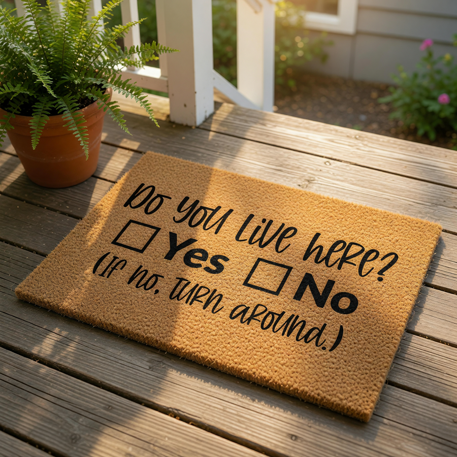 The image is a door mat with a humorous text printed on it.